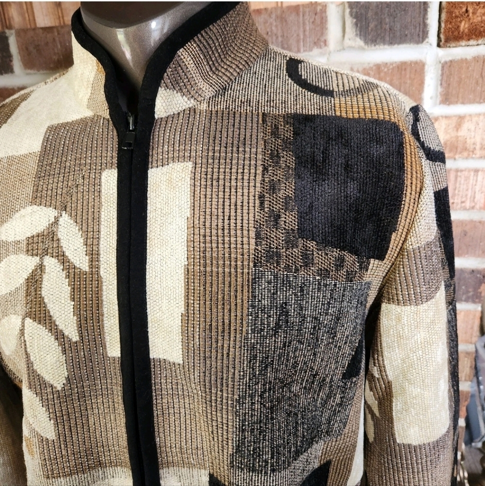 Vtg Boho Tapestry Jacket Women's L Fall Foliage Earth Tone Leaf Art Wear Zip Up - Picture 3 of 16